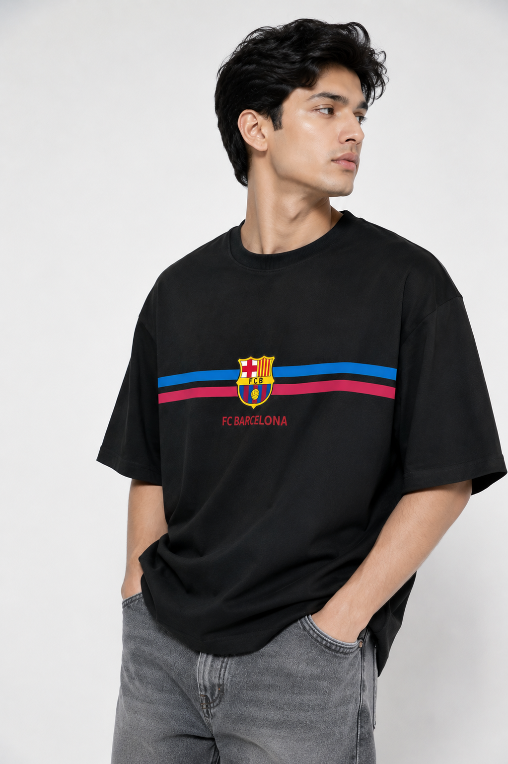 FC Barcelona Classic Stripe Oversized T-Shirt – Black Edition