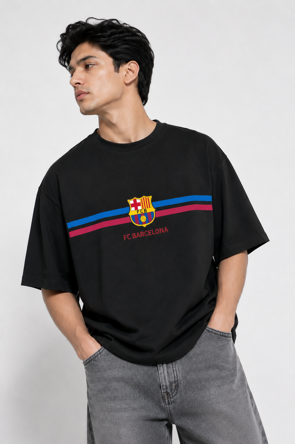 FC Barcelona Classic Stripe Oversized T-Shirt – Black Edition